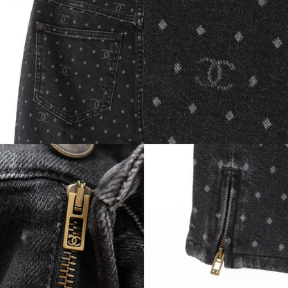 Chanel CC Logo Jacquard Dot Jeans Denim Pants Black 34