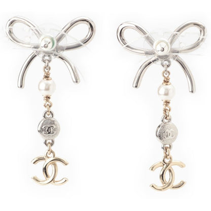 Chanel Ribbon CC Logo Line Stone Earrings Silver