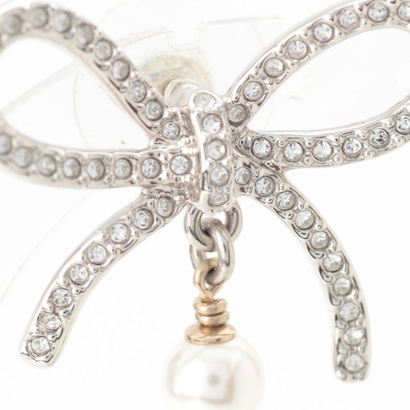 Chanel Ribbon CC Logo Line Stone Earrings Silver