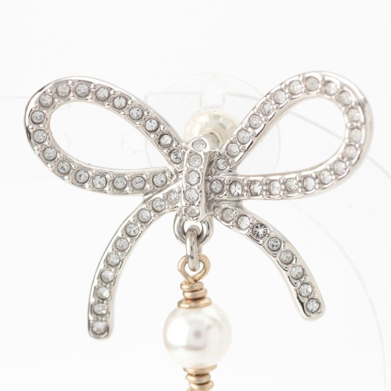 Chanel Ribbon CC Logo Line Stone Earrings Silver
