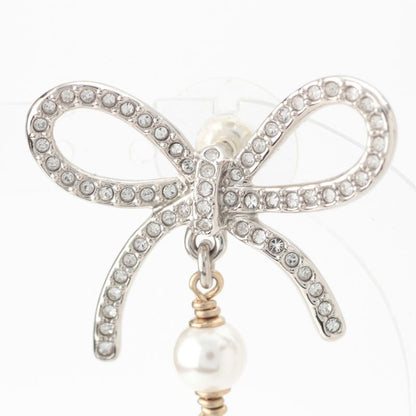 Chanel Ribbon CC Logo Line Stone Earrings Silver