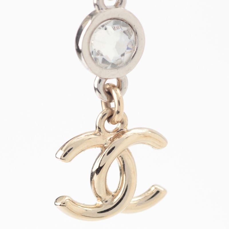 Chanel Ribbon CC Logo Line Stone Earrings Silver