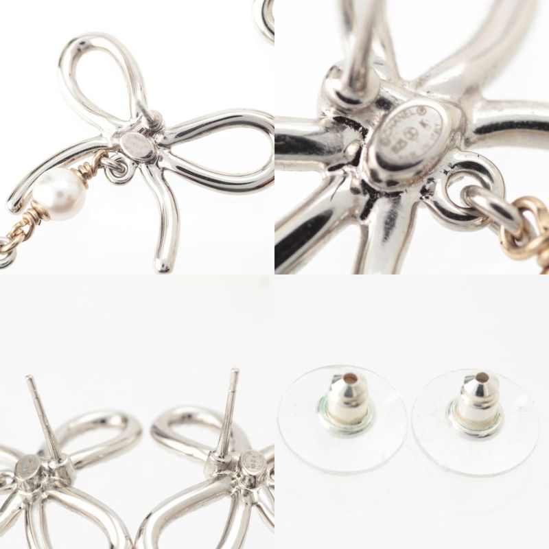 Chanel Ribbon CC Logo Line Stone Earrings Silver