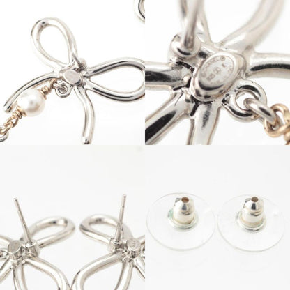 Chanel Ribbon CC Logo Line Stone Earrings Silver