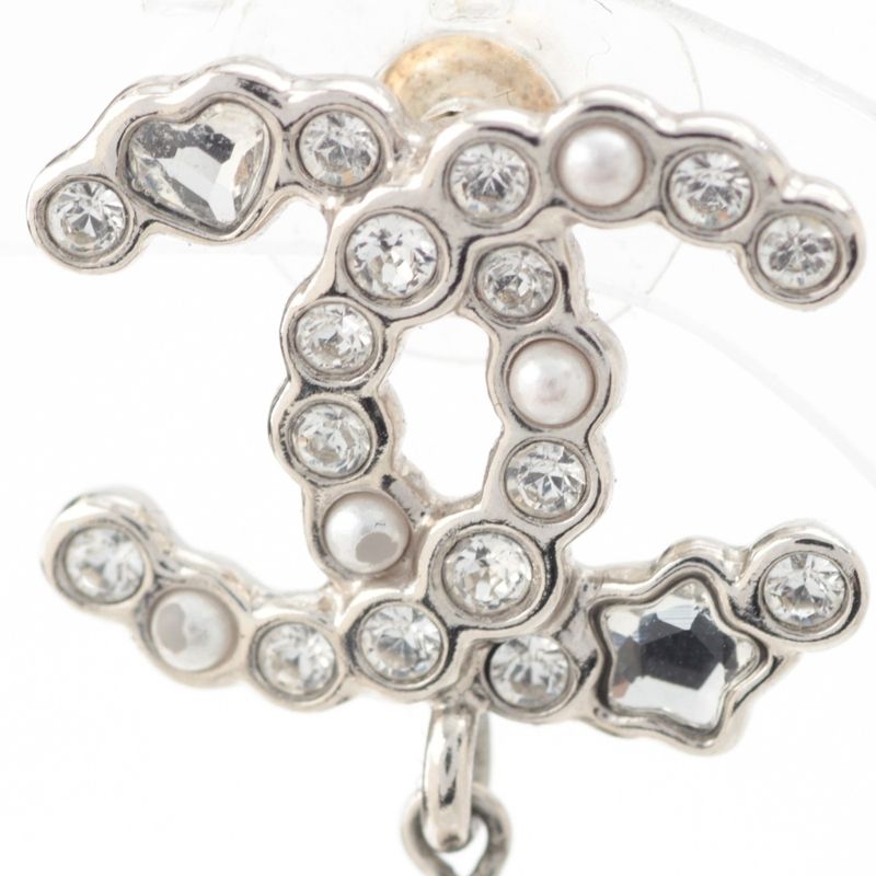 Chanel CC Logo Heart Star Line Stone Earrings Silver