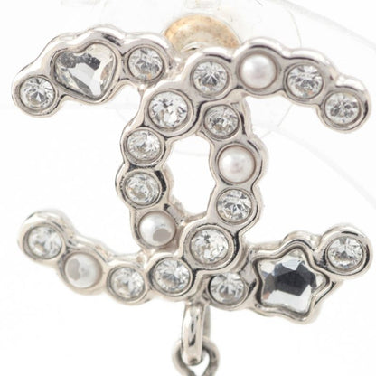 Chanel CC Logo Heart Star Line Stone Earrings Silver