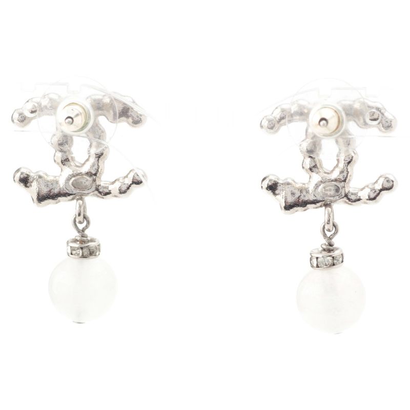 Chanel CC Logo Heart Star Line Stone Earrings Silver