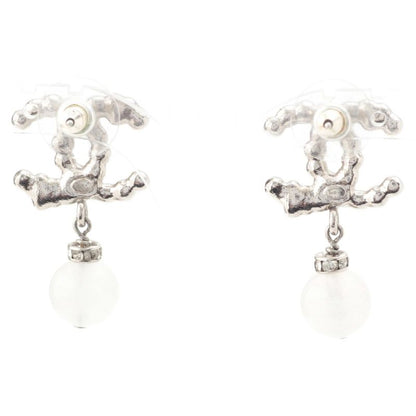 Chanel CC Logo Heart Star Line Stone Earrings Silver