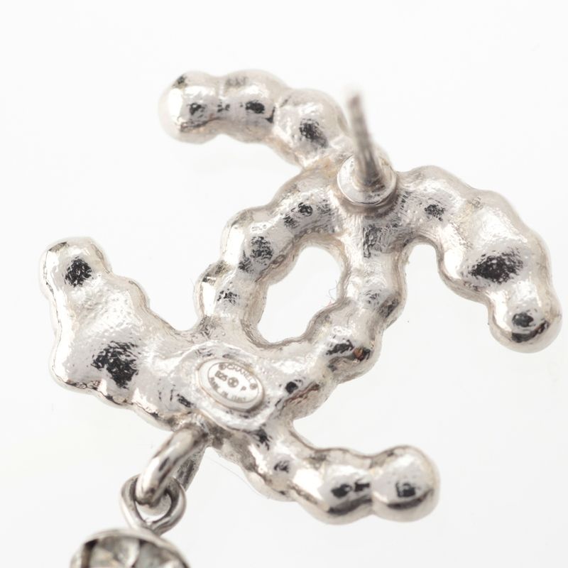 Chanel CC Logo Heart Star Line Stone Earrings Silver