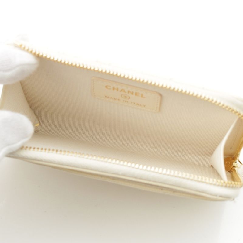 Chanel Caviar Leather Fragment Coin Card Case Compact Wallet White