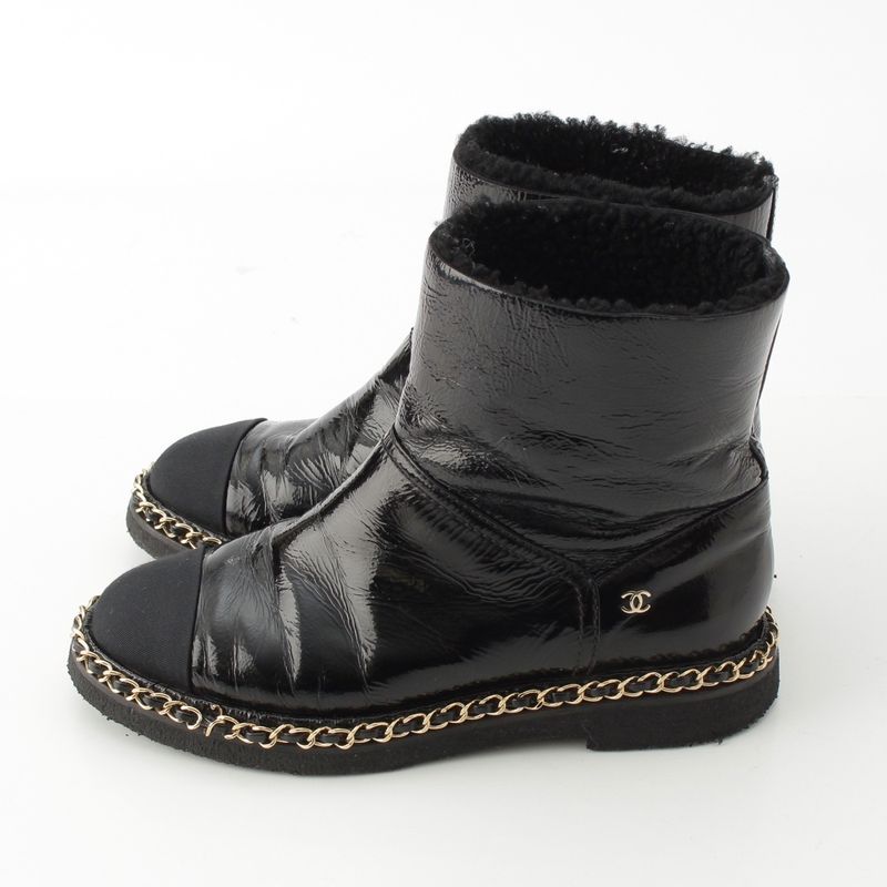 Chanel Leather CC Logo Chain Boots Shoes Black 36c