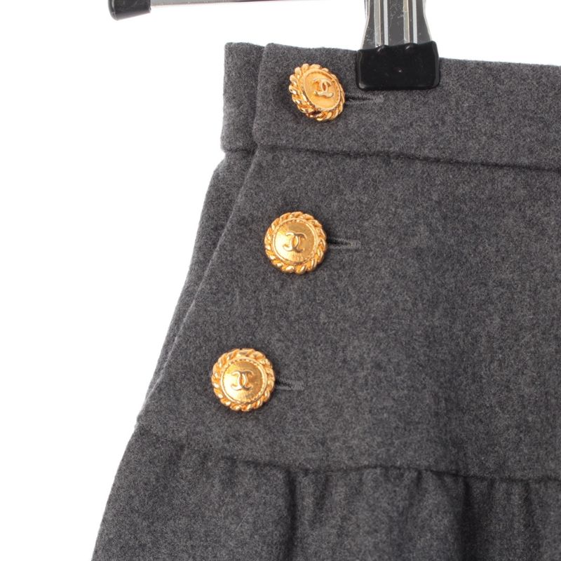 Chanel Wool Vintage Coco Button Skirt Gray 34