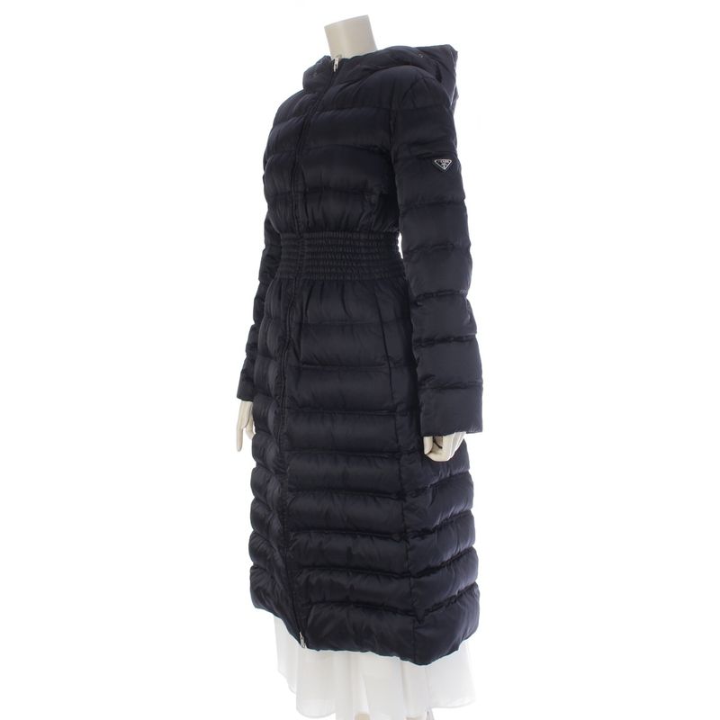 Prada Nylon Fur Collared Down Coat Navy 40