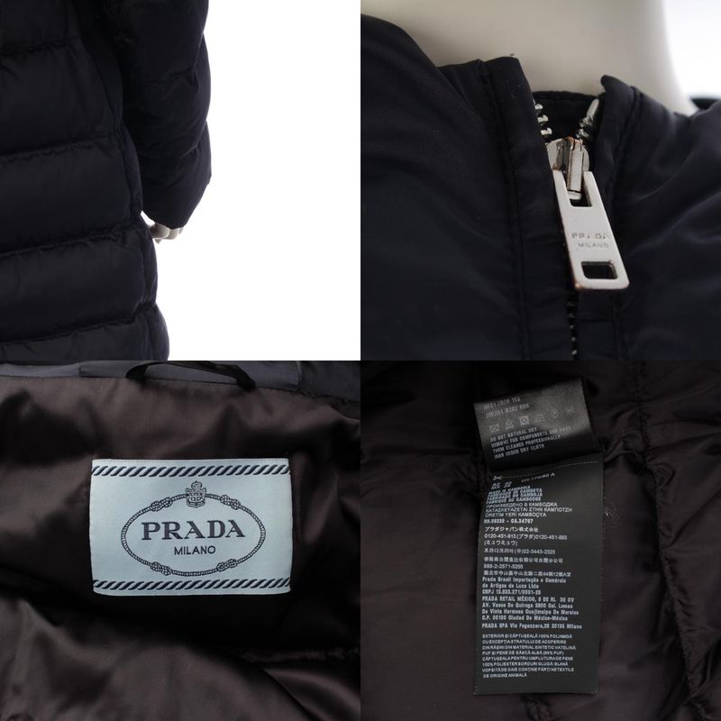 Prada Nylon Fur Collared Down Coat Navy 40