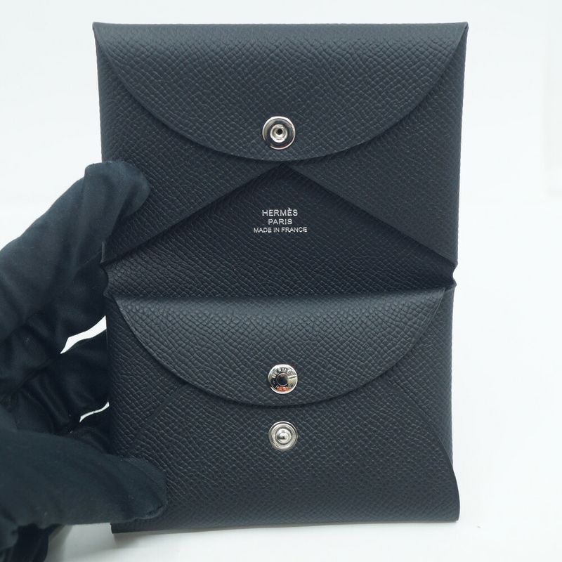 Hermes Calvi Duo Coin Case Card Black Silver Leather