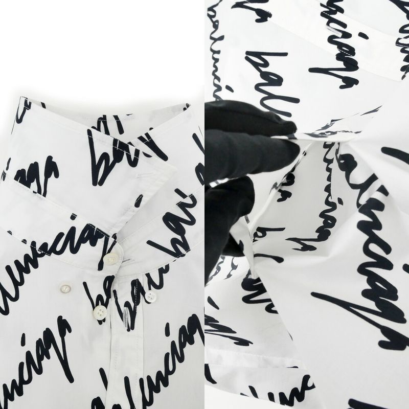 Balenciaga Scribble Logo Print Shirt White Black 37 Cotton Long Sleeve Top