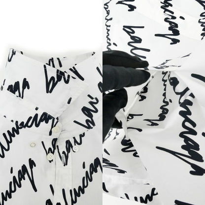 Balenciaga Scribble Logo Print Shirt White Black 37 Cotton Long Sleeve Top