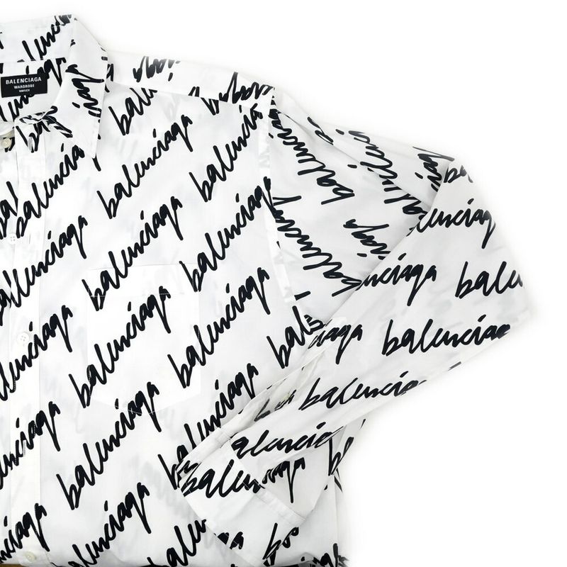 Balenciaga Scribble Logo Print Shirt White Black 37 Cotton Long Sleeve Top