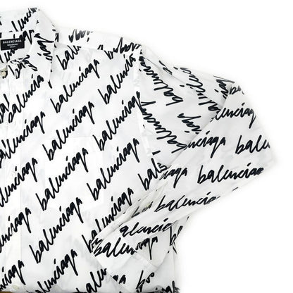 Balenciaga Scribble Logo Print Shirt White Black 37 Cotton Long Sleeve Top