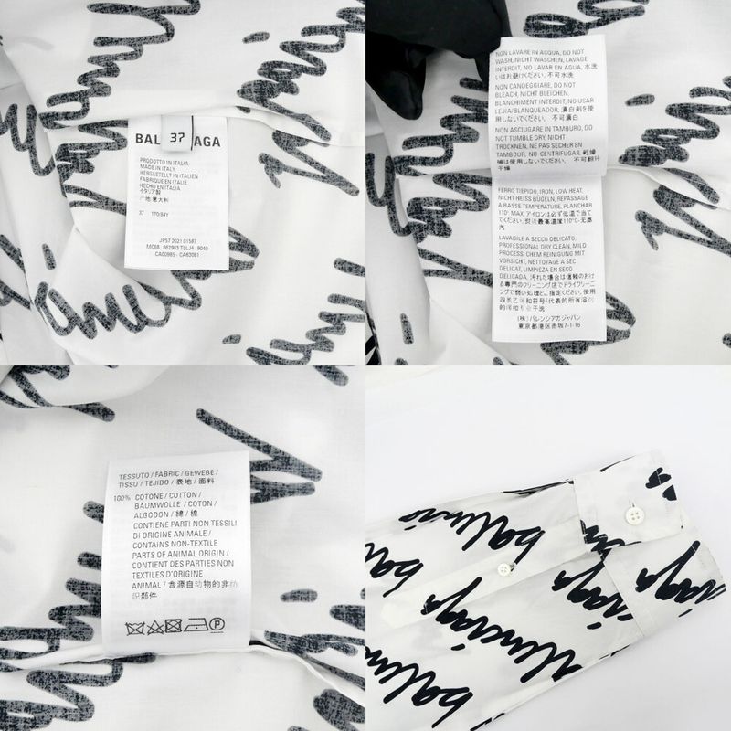 Balenciaga Scribble Logo Print Shirt White Black 37 Cotton Long Sleeve Top