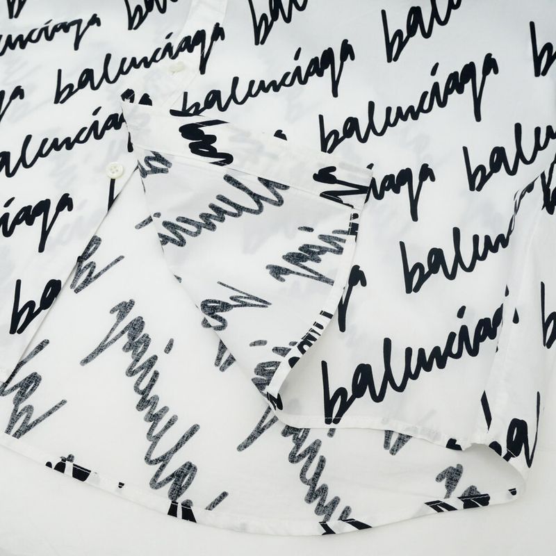 Balenciaga Scribble Logo Print Shirt White Black 37 Cotton Long Sleeve Top