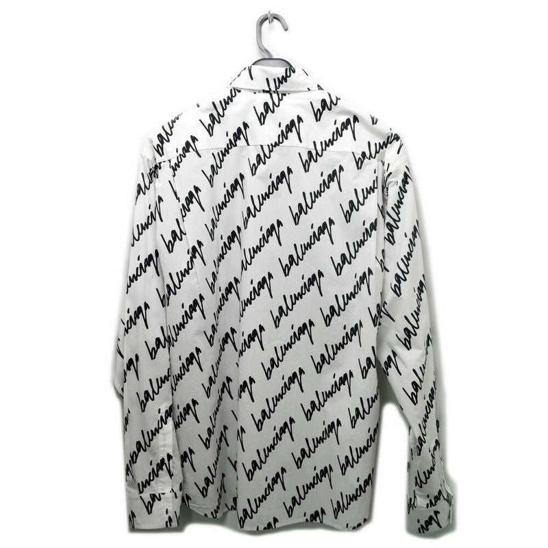 Balenciaga Scribble Logo Print Shirt White Black 37 Cotton Long Sleeve Top