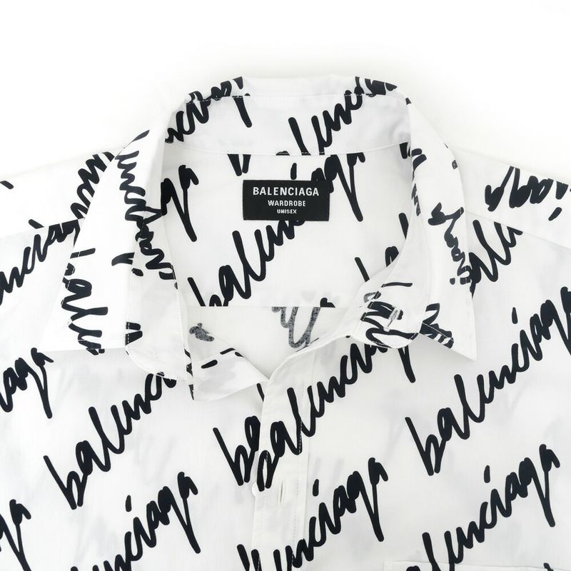 Balenciaga Scribble Logo Print Shirt White Black 37 Cotton Long Sleeve Top