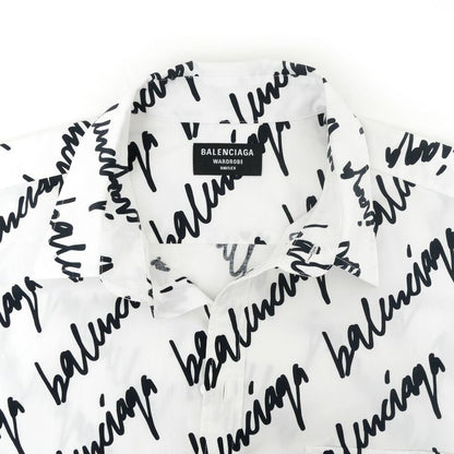 Balenciaga Scribble Logo Print Shirt White Black 37 Cotton Long Sleeve Top
