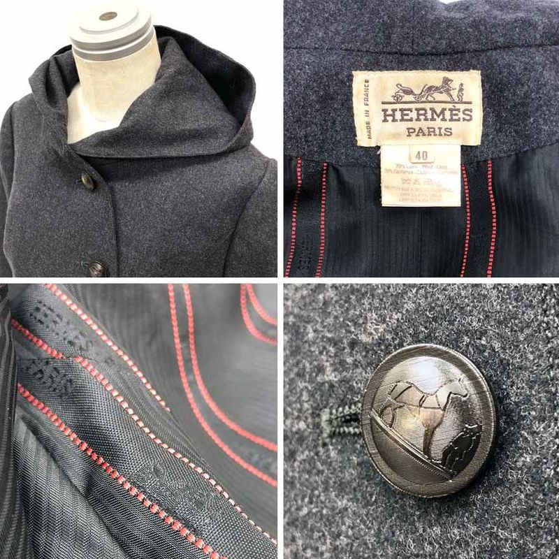 Hermes Hooded Jacket 40 Gray Wool Cashmere Vintage