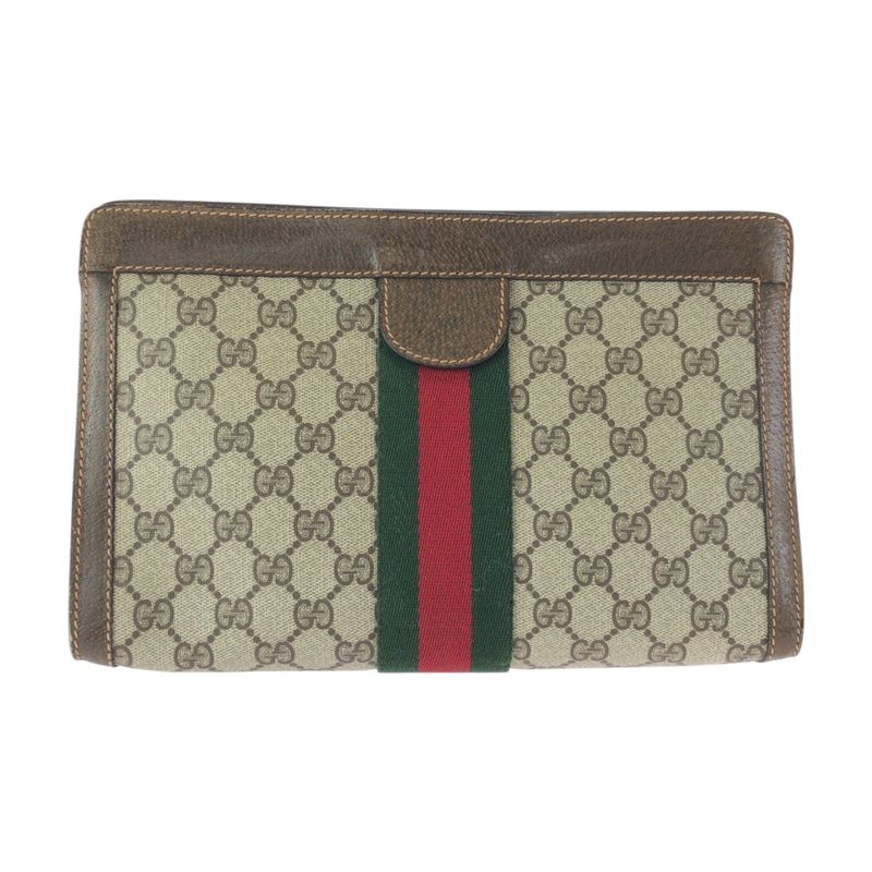 Gucci Vintage Beige Brown GG Plus Leather Clutch