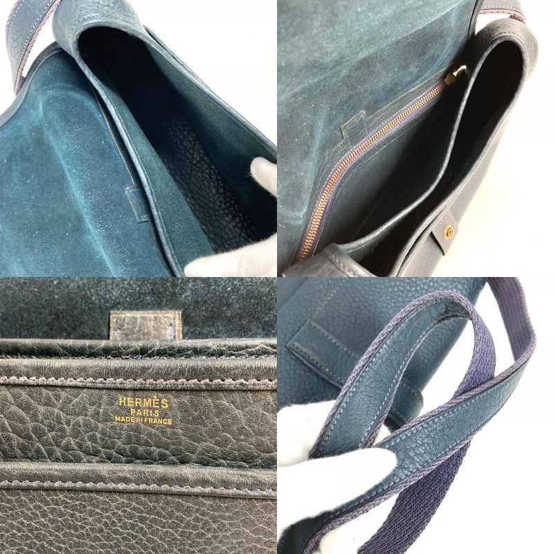 Hermes Shoulder Bag Logo Noumea Leather Navy