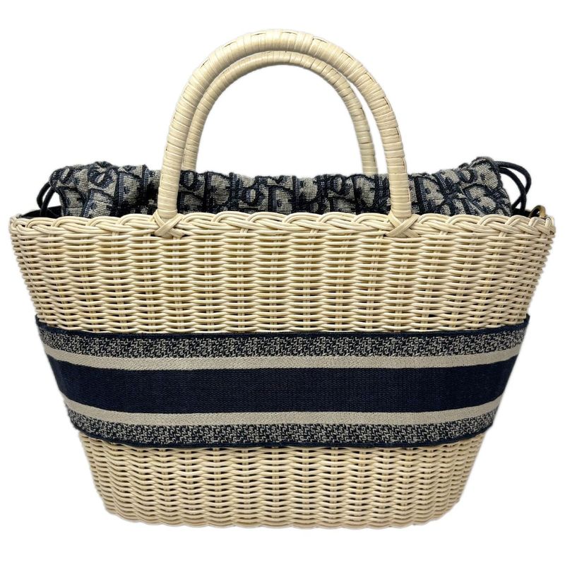 Dior Basket Bag Pannier Chapeau 2-Way Oblique Black Jacquard Wicker Natural Navy