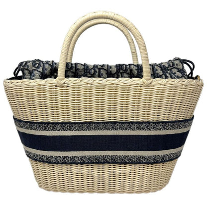 Dior Basket Bag Pannier Chapeau 2-Way Oblique Black Jacquard Wicker Natural Navy