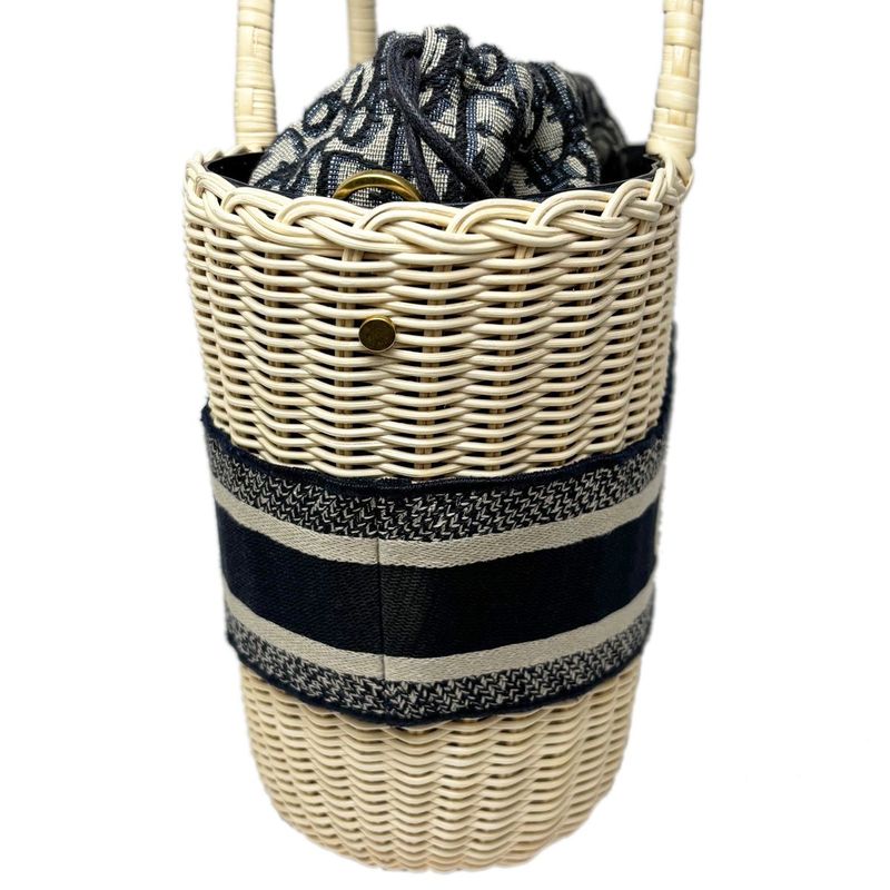 Dior Basket Bag Pannier Chapeau 2-Way Oblique Black Jacquard Wicker Natural Navy
