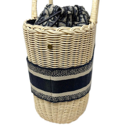 Dior Basket Bag Pannier Chapeau 2-Way Oblique Black Jacquard Wicker Natural Navy