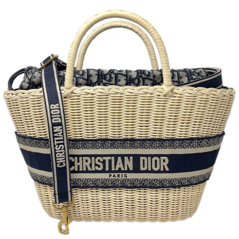 Dior Basket Bag Pannier Chapeau 2-Way Oblique Black Jacquard Wicker Natural Navy