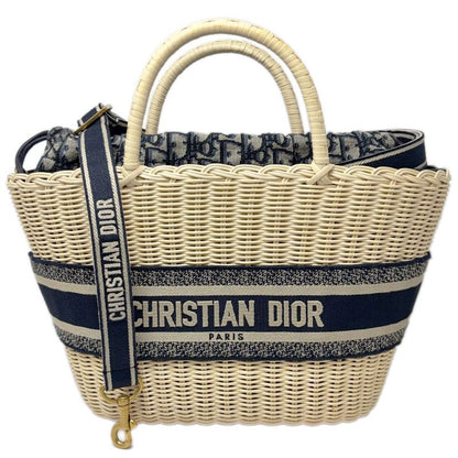 Dior Basket Bag Pannier Chapeau 2-Way Oblique Black Jacquard Wicker Natural Navy