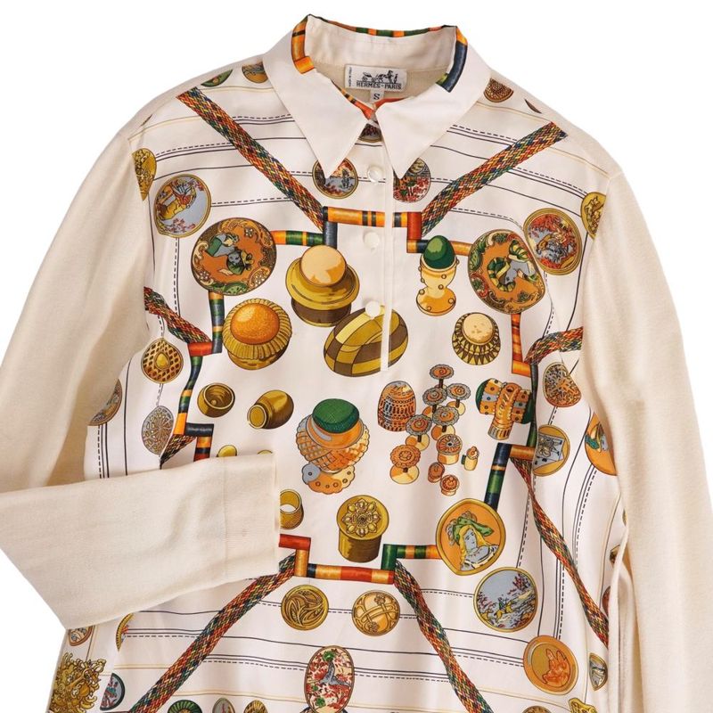 Hermes Shirt Blouse Long Sleeve Allover Pattern Silk Cut