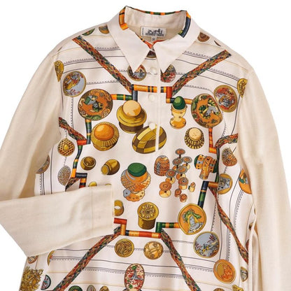 Hermes Shirt Blouse Long Sleeve Allover Pattern Silk Cut