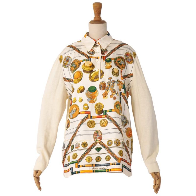 Hermes Shirt Blouse Long Sleeve Allover Pattern Silk Cut