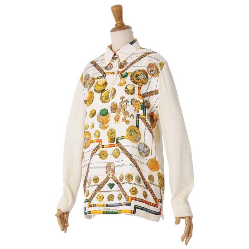 Hermes Shirt Blouse Long Sleeve Allover Pattern Silk Cut
