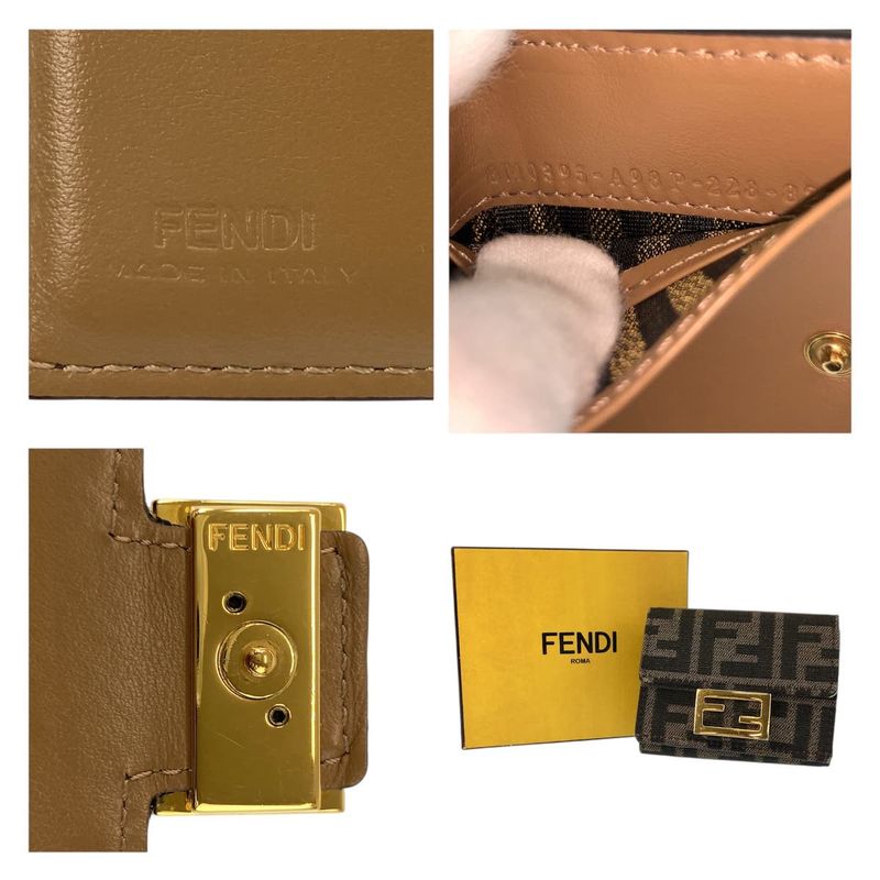 Fendi Zucca Baguette Micro Brown Gold Compact Wallet