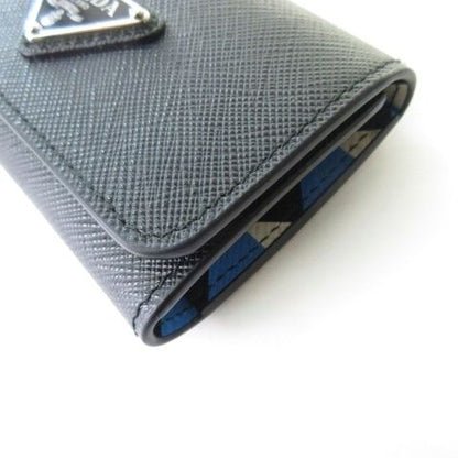 Prada Saffiano Leather Triangle Key Case Key Ring Rows Multicolor Black