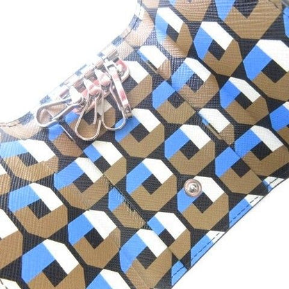 Prada Saffiano Leather Triangle Key Case Key Ring Rows Multicolor Black