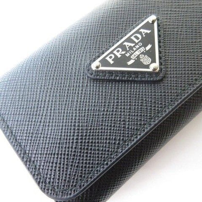 Prada Saffiano Leather Triangle Key Case Key Ring Rows Multicolor Black