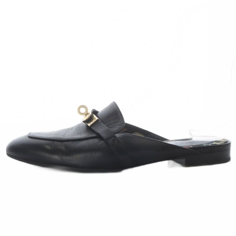 Hermes OZ Kelly Buckle Sandals Low Heel Leather 37.5 Black
