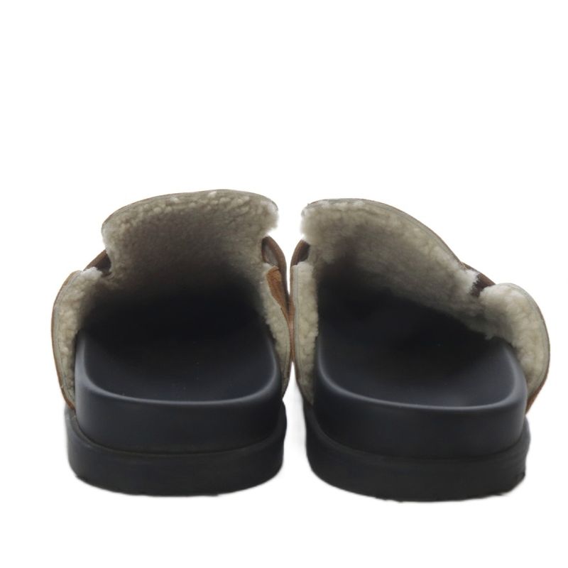Hermes Gold Mule Mouton Sandals Flat Suede 38 Brown