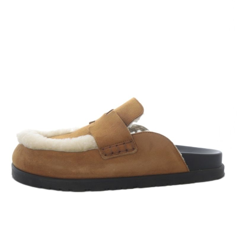 Hermes Gold Mule Mouton Sandals Flat Suede 38 Brown