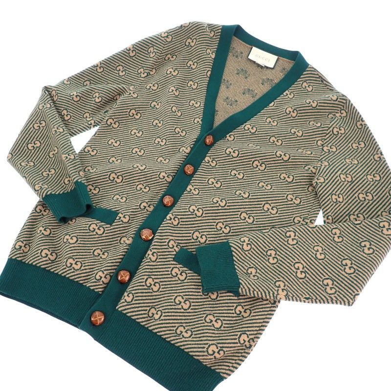 Gucci GG Striped Cardigan S Wool Cashmere Beige Green