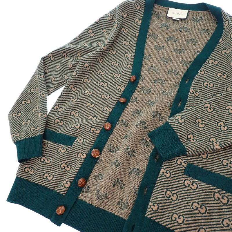 Gucci GG Striped Cardigan S Wool Cashmere Beige Green